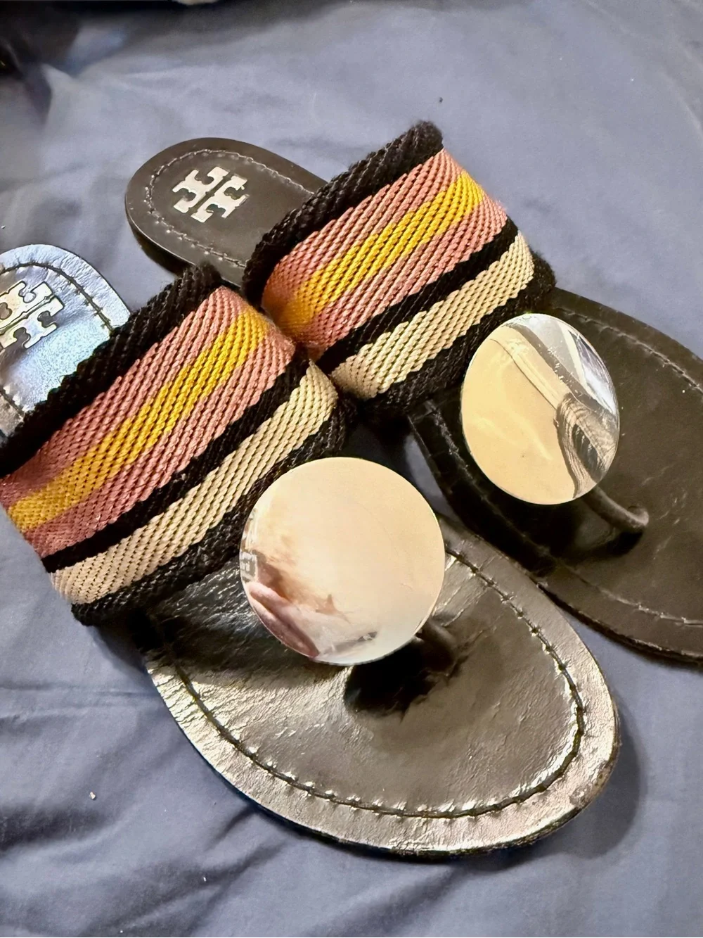 Tory Burch Multicolor Striped Leather Slide Sandals with Gold Medallion